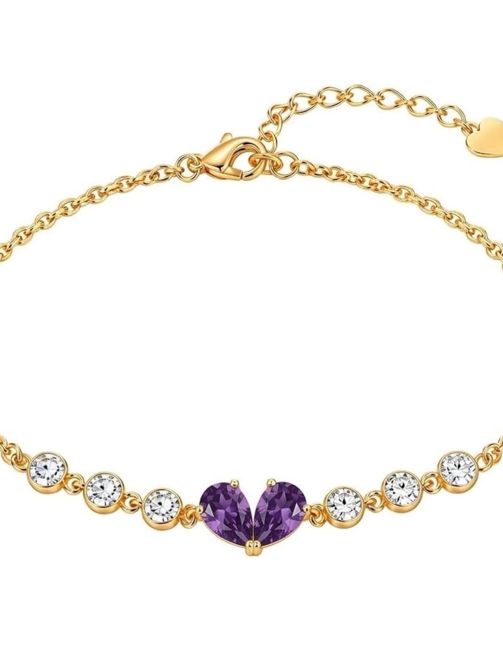 Gold-Plated Bracelet with Amethyst Heart Gem and Clear Stones